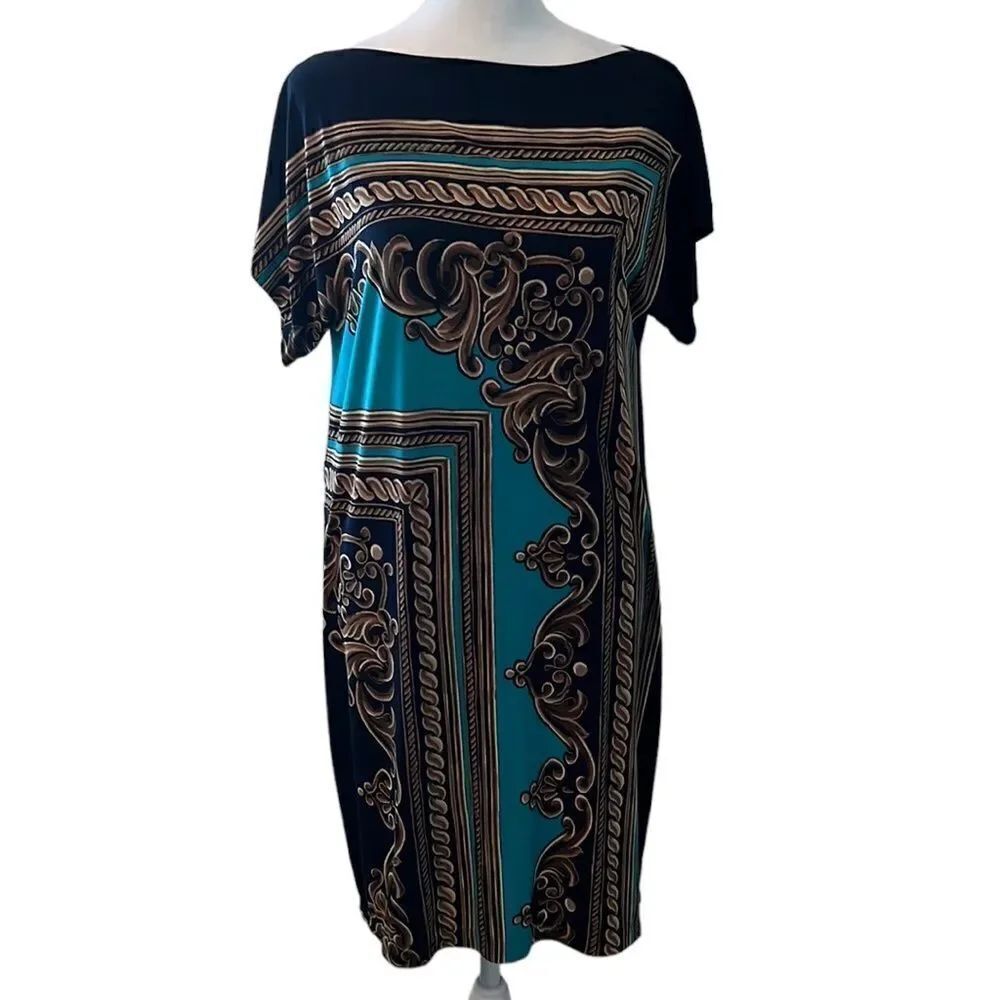 Evan Picone sz4 boatneck column dress in black tan & turquoise EUC